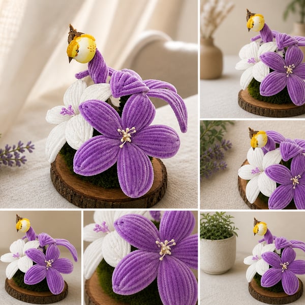 Handmade Pipe Cleaner Flower Arrangement - Everlasting Lilies & Bird Decor