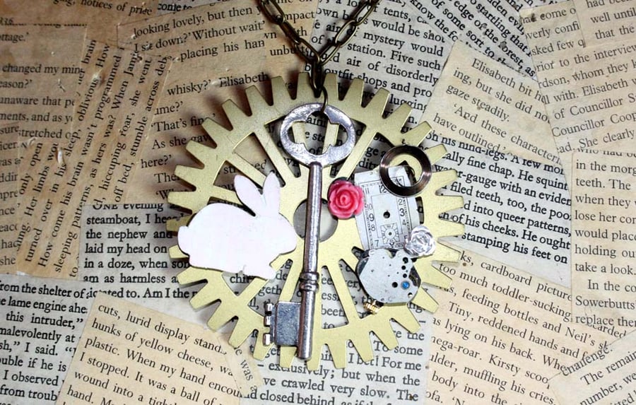 Steampunk Alice In Wonderland White Rabbit Statement Necklace