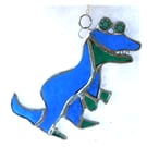 Dinosaur T Rex Suncatcher Blue Teal Stained Glass Handmade 