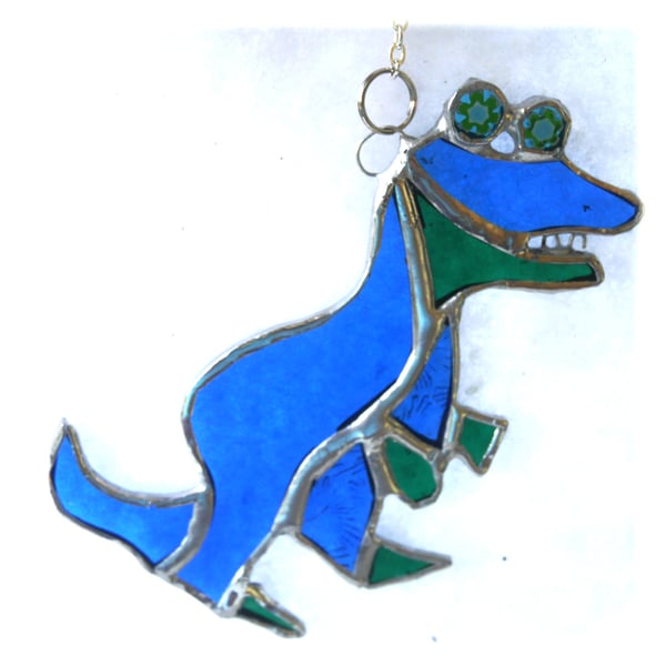 Dinosaur T Rex Suncatcher Blue Teal Stained Glass Handmade 