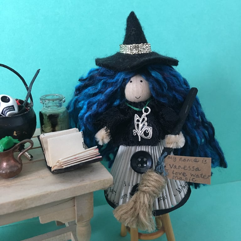 Blue And Black Witch Doll Decoration, Halloween Ornament