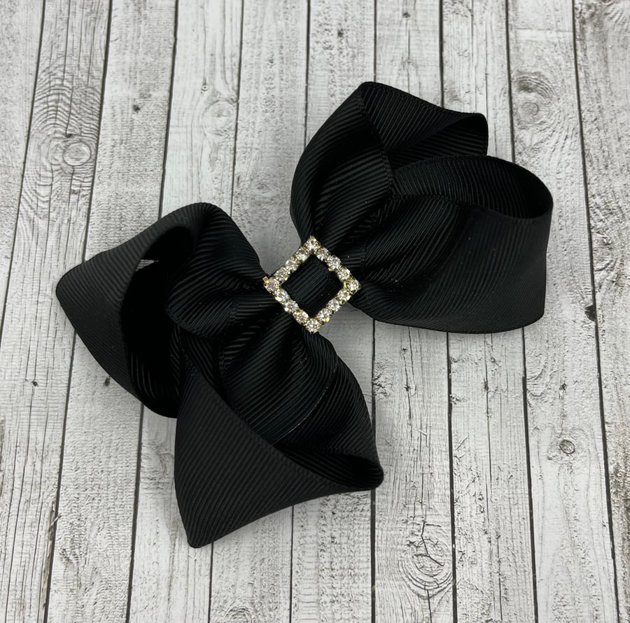 4 inch Black Boutique Bow with Diamante Buckle