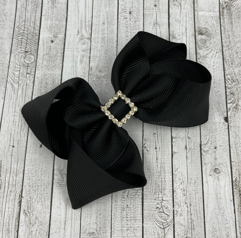 4 inch Black Boutique Bow with Diamante Buckle
