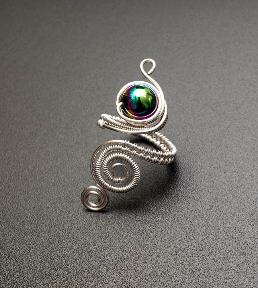 Adjustable Copper and Silver Wire Ring with Rainbow-Coated Hematite, gift 