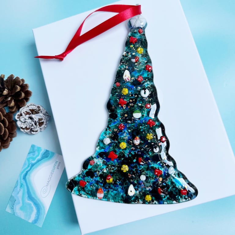 Large Fused Glass Blue Christmas Tree