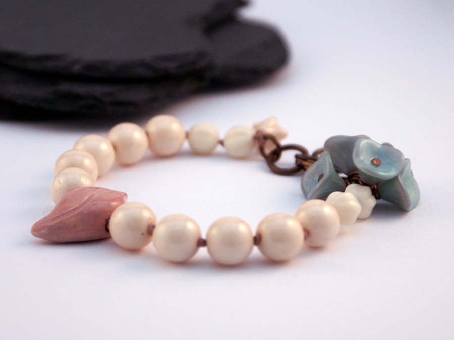 Pastel Bird - Czech Glass & Ceramic Knotted Bracelet