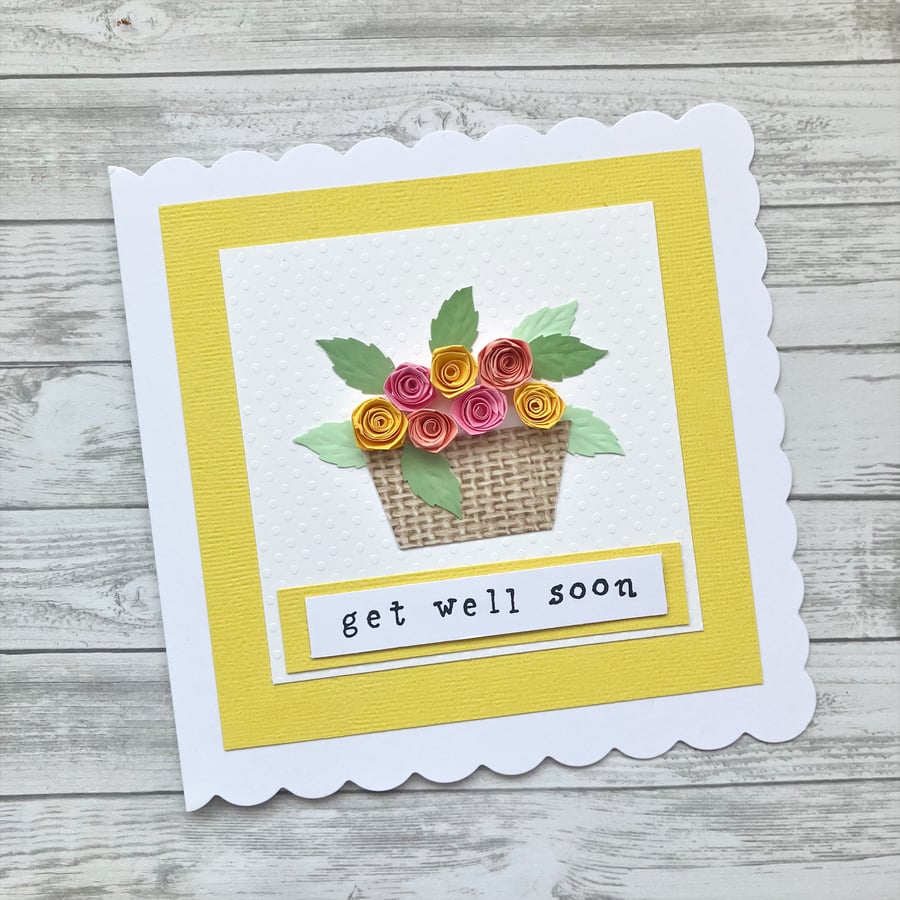 Get Well Soon card - quilled rose basket - boxed card option