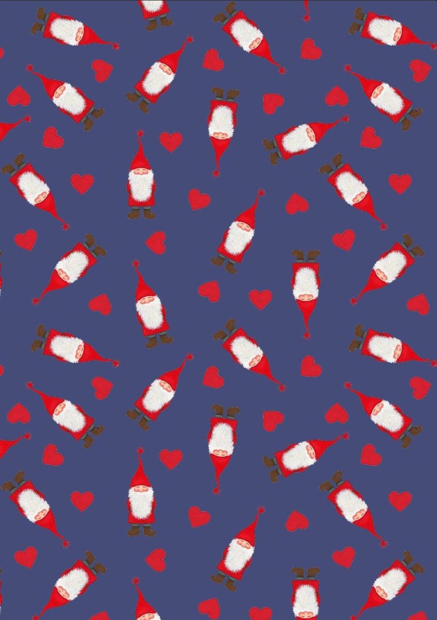 0.5m Tomten and Hearts on Dark Blue Lewis and Irene 100% Cotton Fabric
