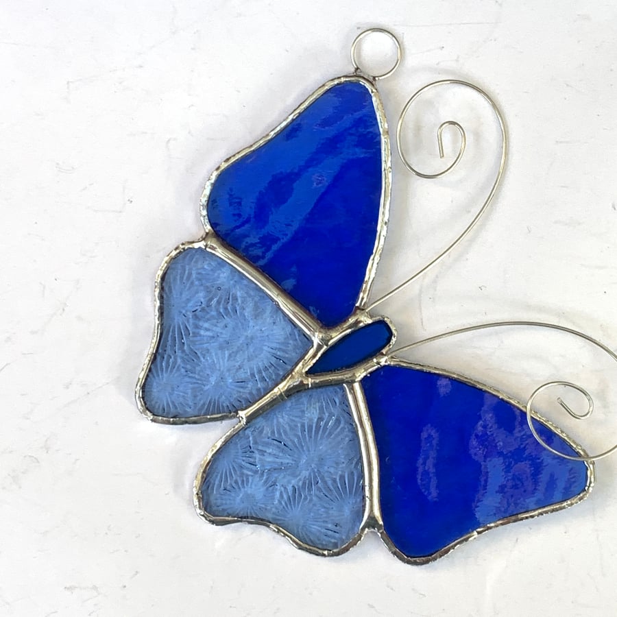 Stained Glass Butterfly Suncatcher - Handmade Decoration - Blue and Pale Blue