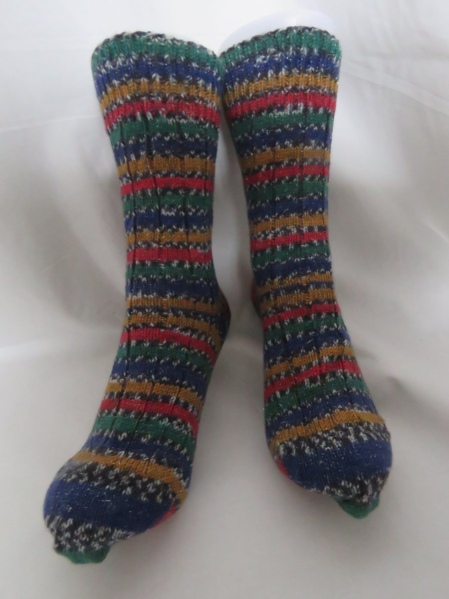 Hand-cranked Sparkly Knitted Ribbed Wool Socks Size 6 to 7