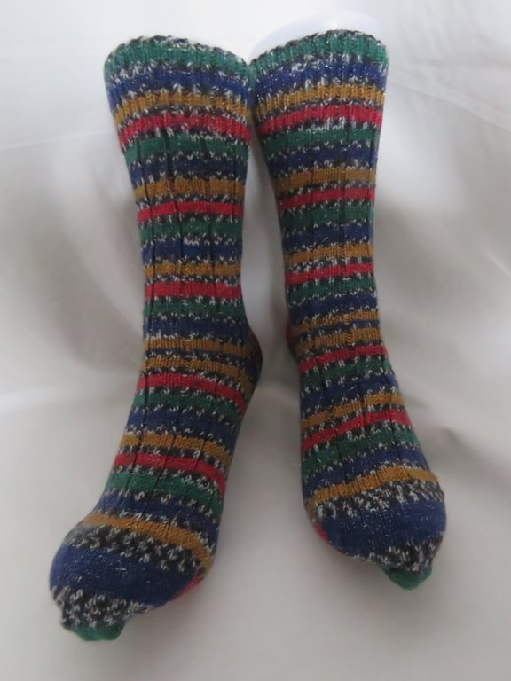 Hand-cranked Sparkly Knitted Ribbed Wool Socks Size 6 to 7