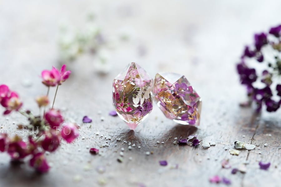 Real Flower Earrings Sweet Alyssum - Gold Flakes Herkimer Diamond Resin Jewelry 