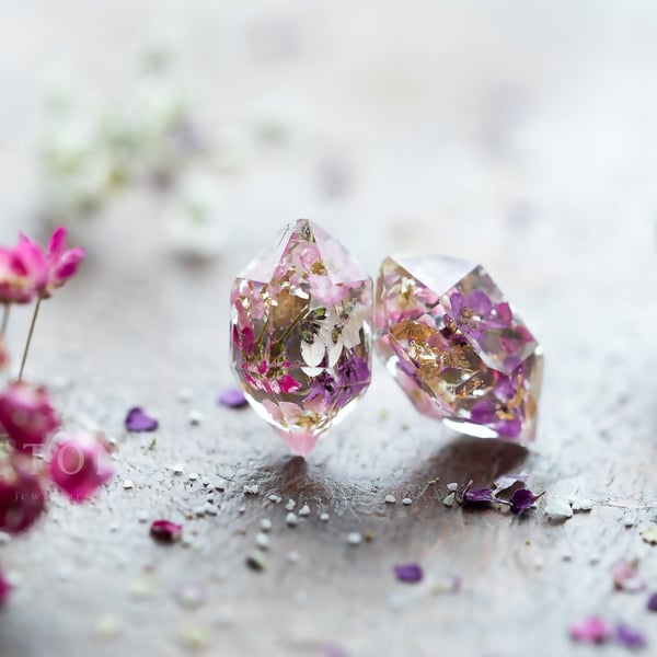 Real Flower Earrings Sweet Alyssum - Gold Flakes Herkimer Diamond Resin Jewelry 