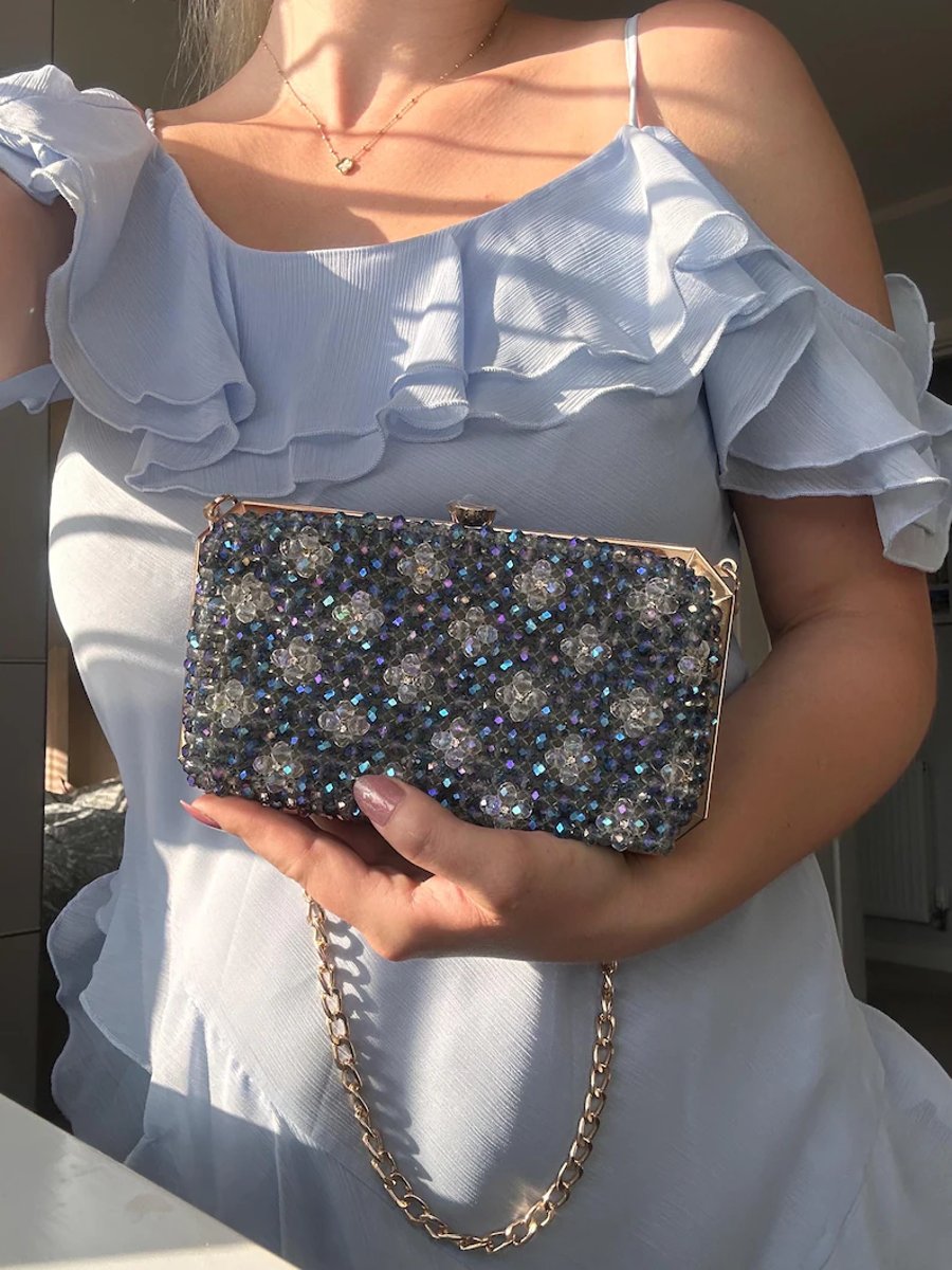 Handmade Floral Crystal Beaded Evening Bag, Gold Chain Clutch Purse
