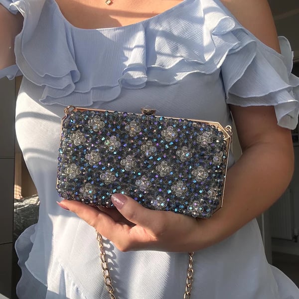 Handmade Floral Crystal Beaded Evening Bag, Gold Chain Clutch Purse