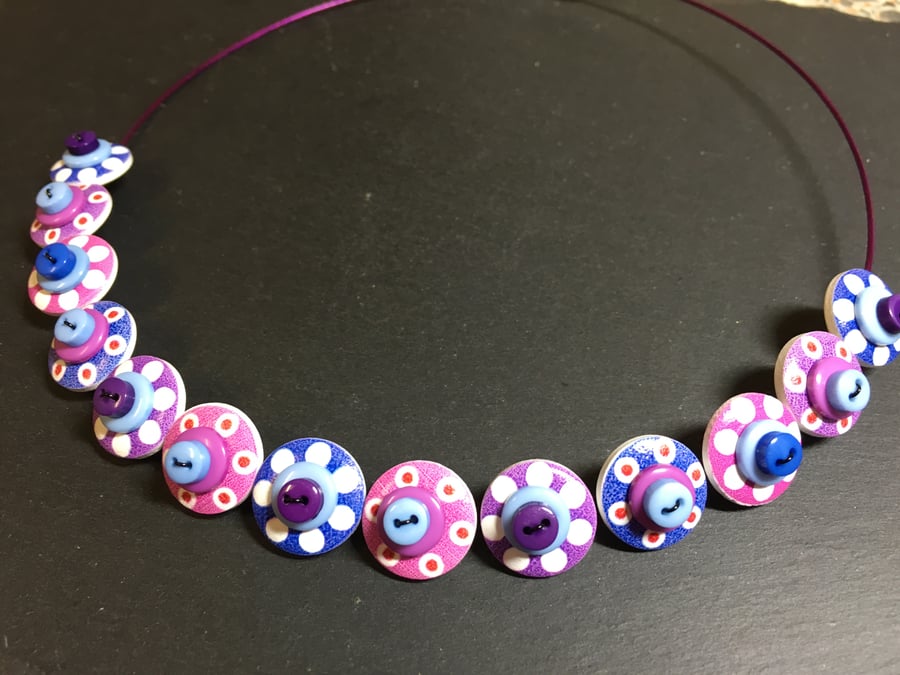 Button Necklace Spotted Wooden Choker  Purple Pink Blue