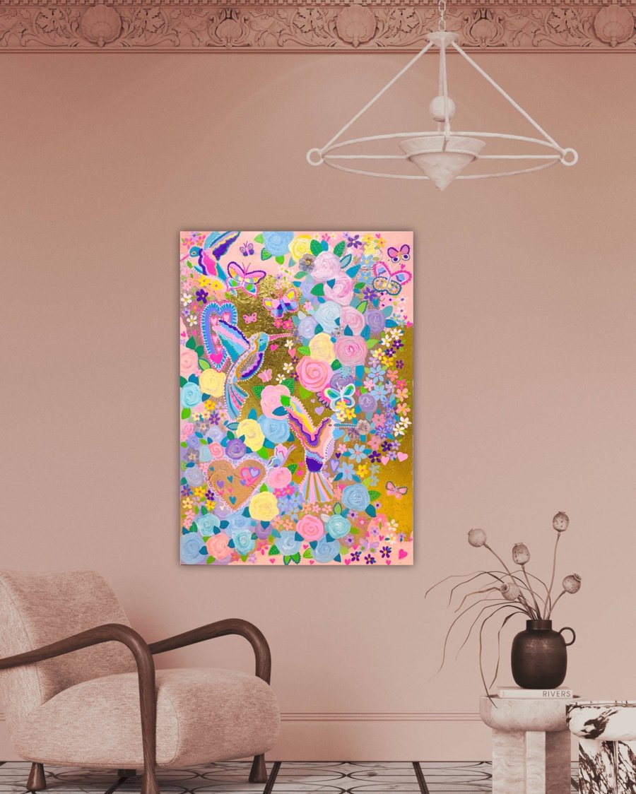 Rose Garden in Pink and Gold Mixed Media Large Canvas