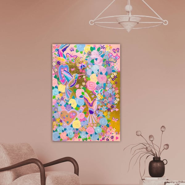 Rose Garden in Pink and Gold Mixed Media Large Canvas