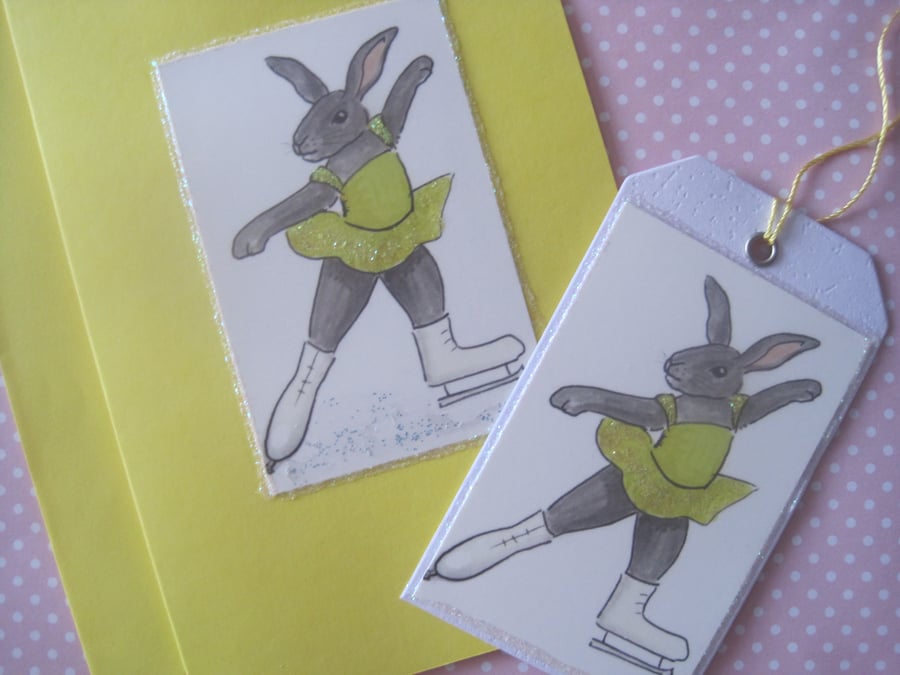 Gift Tag and Greetings Card Set with Ice Skating Bunnies