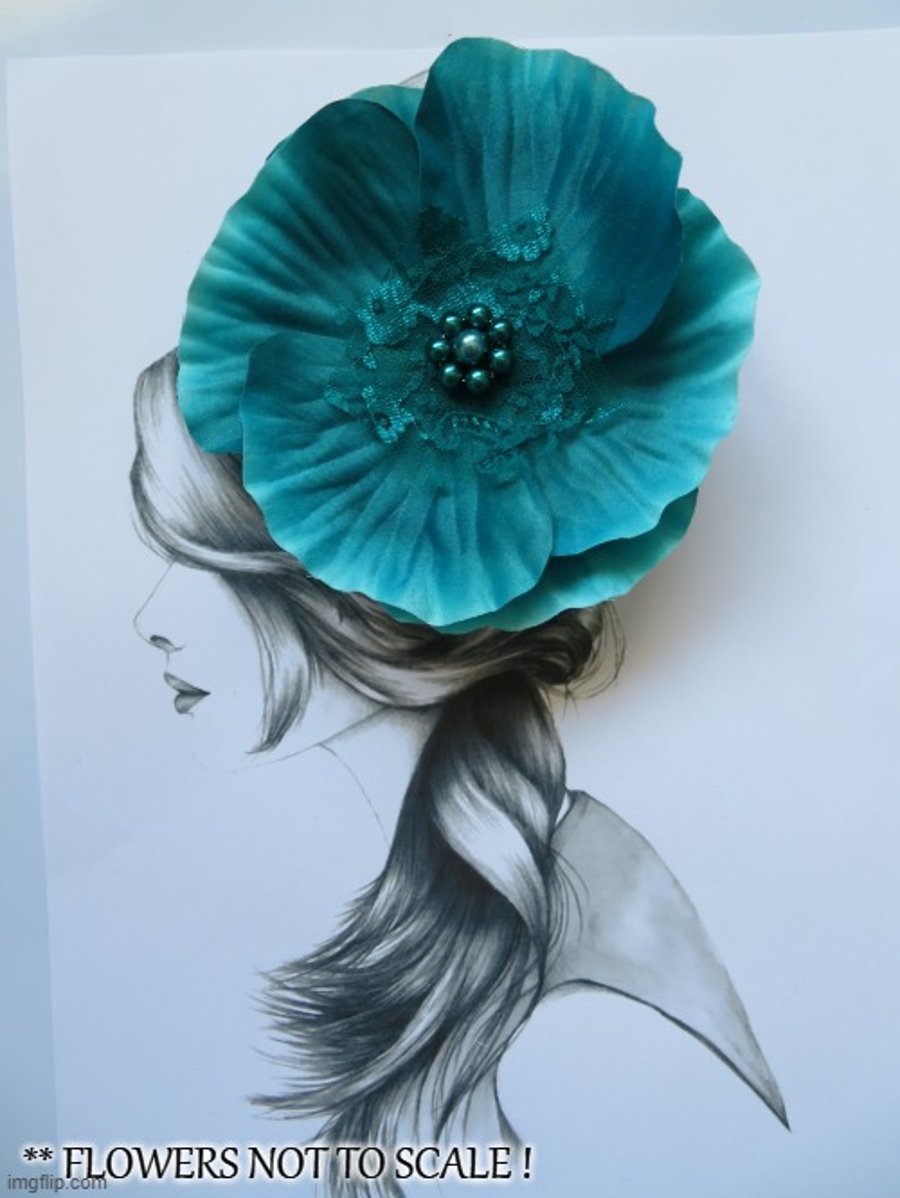 Teal Turquoise Large Poppy Vintage Retro Rockabilly Pinup Hair Flower Clip