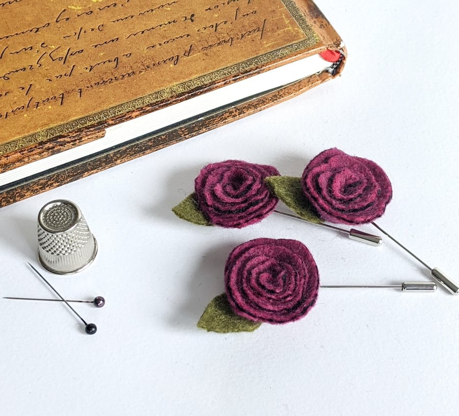 Art deco inspired rose lapel pin or brooch - magenta