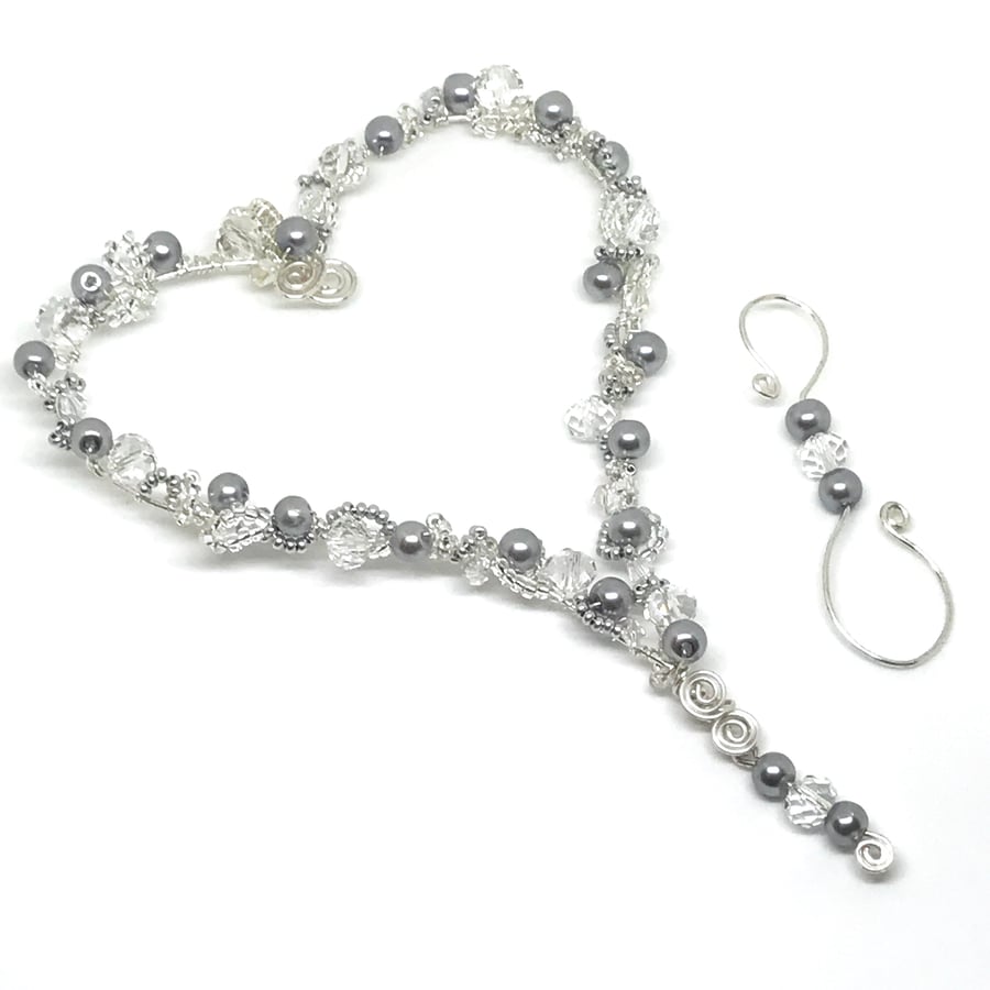 Silver Heart Decoration, Wire Wrapped with Pearls & Crystals, Hanging Decoration
