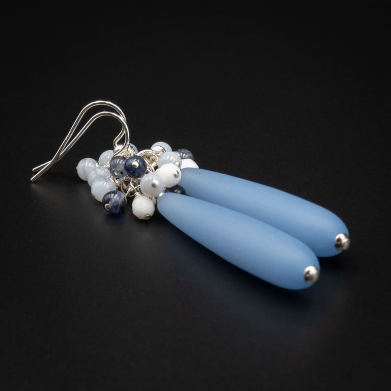 Blue chalcedony, iolite, agate and glass sterling silver long drop earring