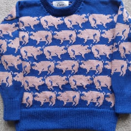 Child's Pig jumper in machine washable wool. Made to order in any colour