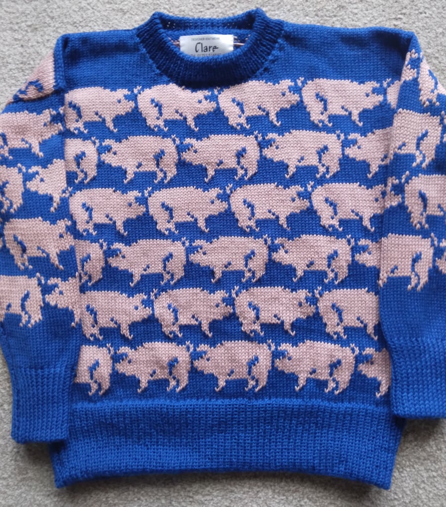 Child's Pig jumper in machine washable wool. Made to order in any colour
