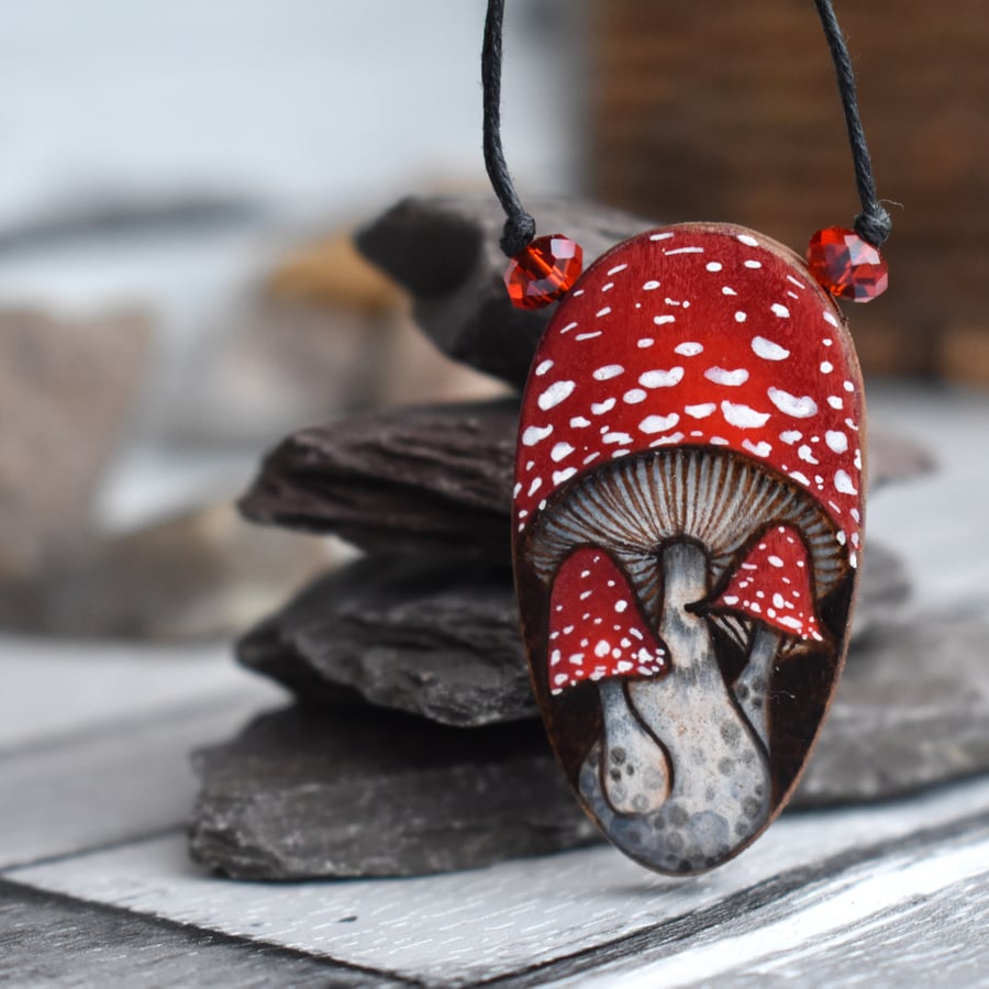 Red Toadstool pyrography woodland pendant. Wooden oval pendant.