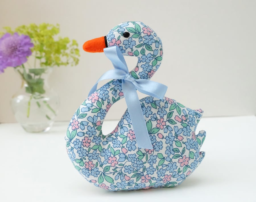 Swan Lavender Sachet with Satin Bow, in Blue and Pink Little Flowers