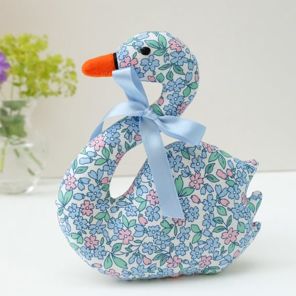 Swan Lavender Sachet with Satin Bow, in Blue and Pink Little Flowers