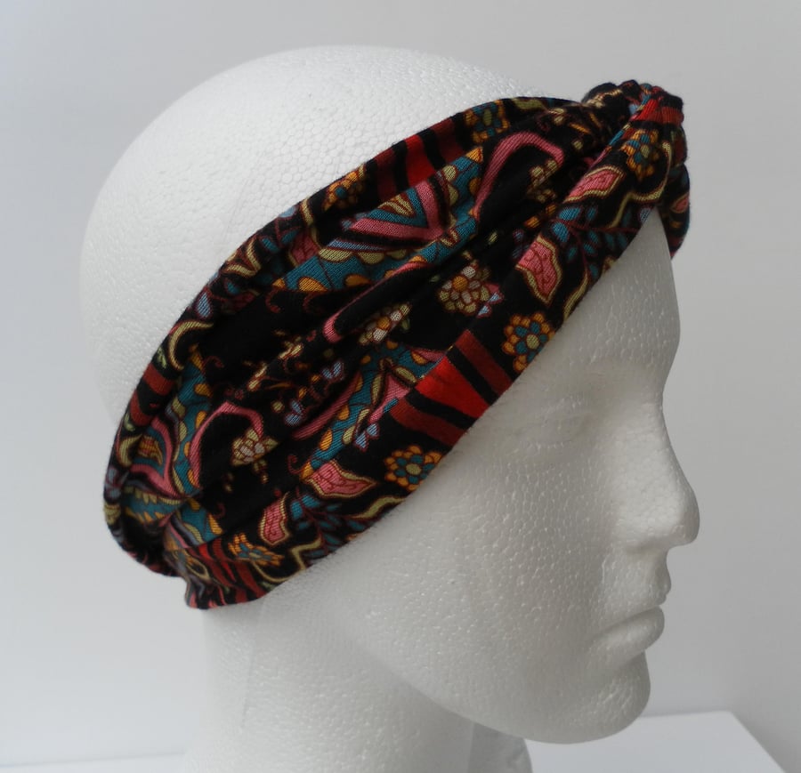Turban Style Headband, Multicoloured Floral, Black Background