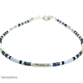 Silver & Blue Dainty Seed Bead Boho Stacking Bracelet - Friendship - 6.5" - 8"