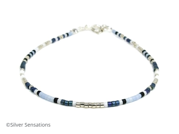 Silver & Blue Dainty Seed Bead Boho Stacking Bracelet - Friendship - 6.5" - 8.5"