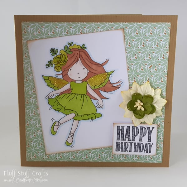 Handmade green fairy birthday card