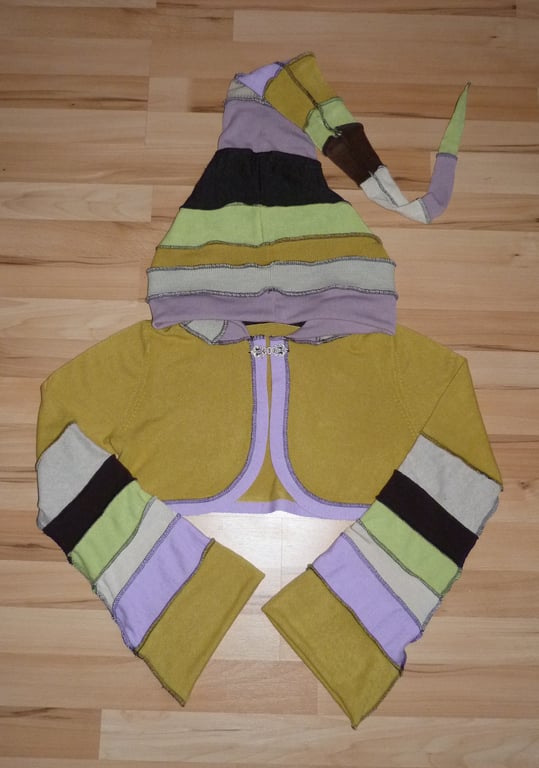 SALE Upcycled Pixie Top with Long Hood and Bell Bottom Sleeves in Mustard