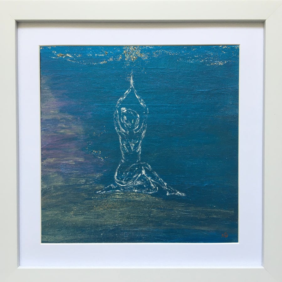 Yoga Meditation Painting Original Art Framed Yogi Gift Glitter Dancer Blue Gold 