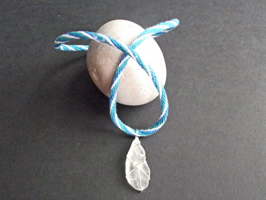 Wire Wrapped Sea Glass and Kumihimo Braided Necklace, Handmade, Blues