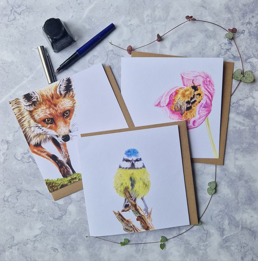 Pack of 3 cards: Blue Tit, Fox and Bumblebee