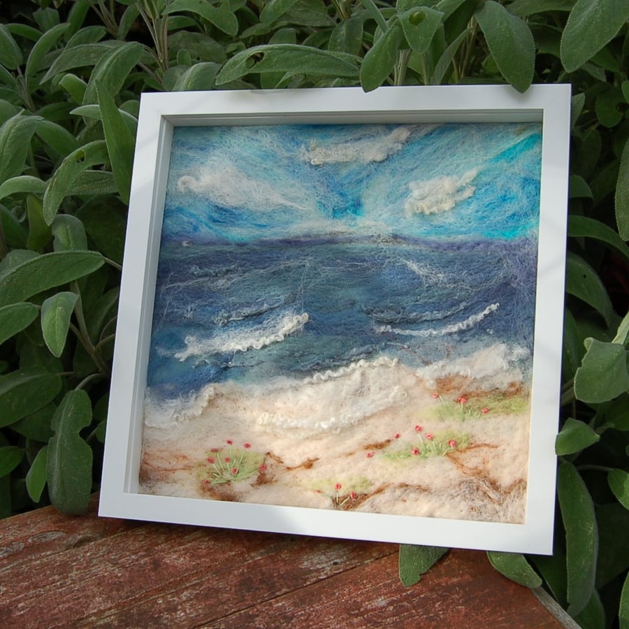 Needle felted and hand embroidered wool picture - Coastal scene 
