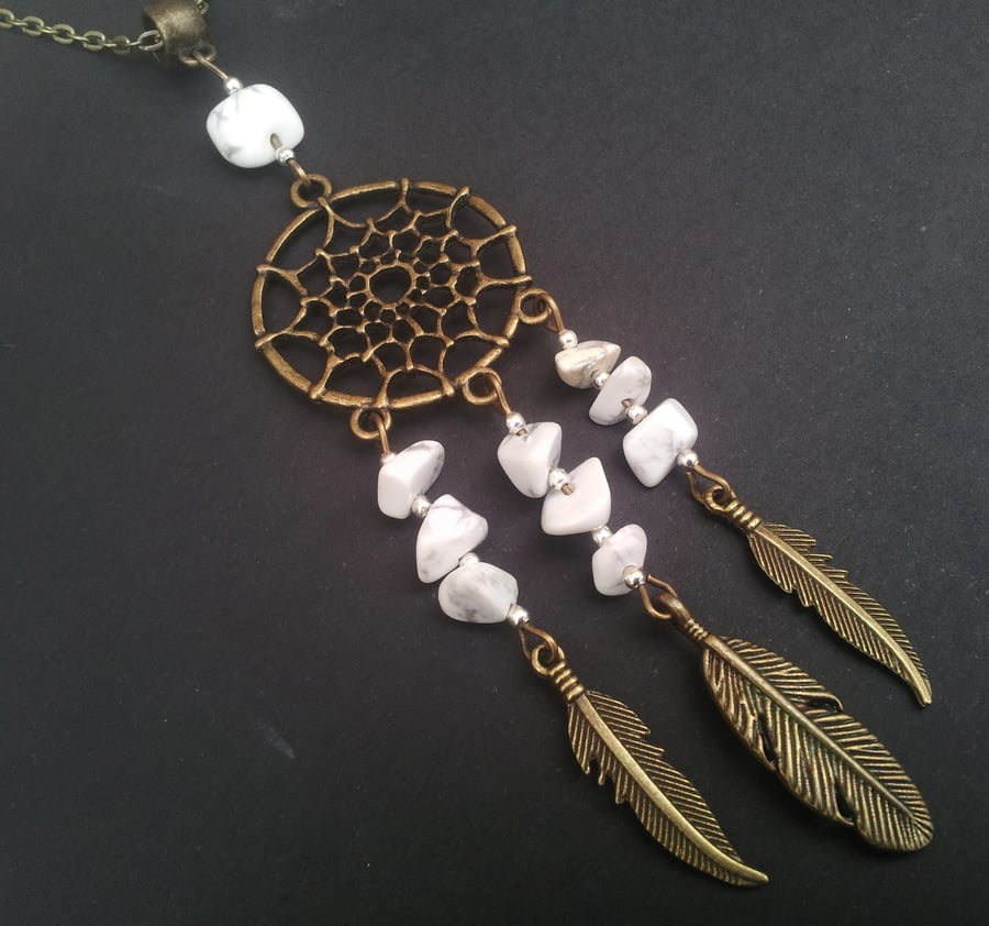 Bronze White Howlite Dreamcatcher Dream Catcher Tribal Long Necklace