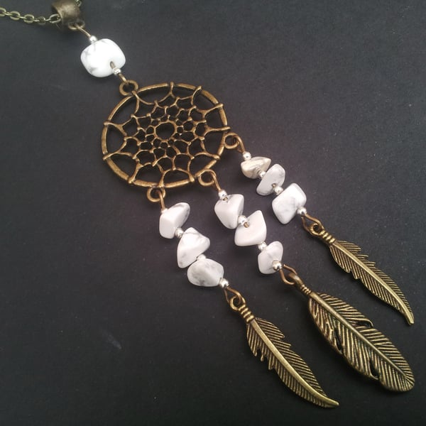 Bronze White Howlite Dreamcatcher Dream Catcher Tribal Long Necklace