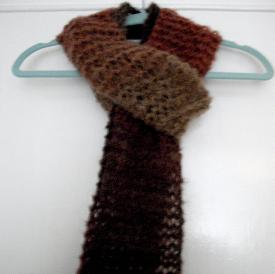 Pink and Brown Tones Skinny Hand Knitted Scarf - UK Free Post