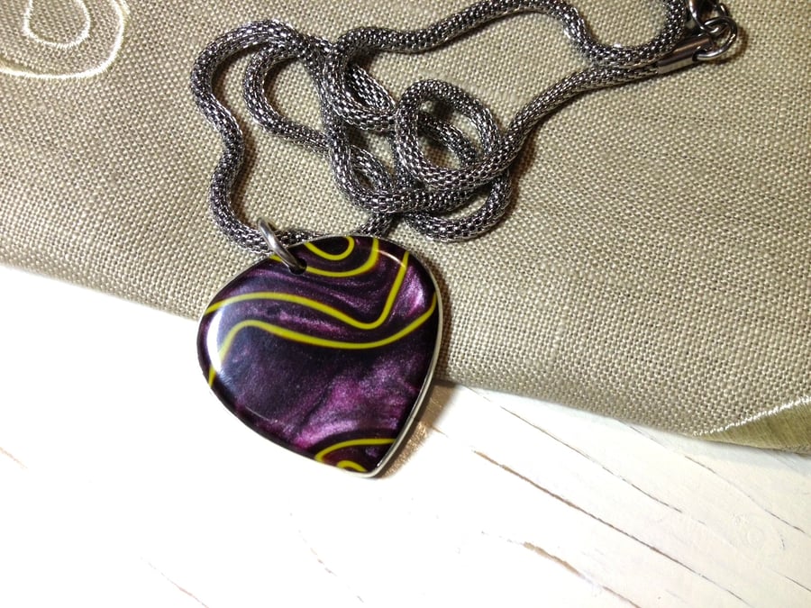 Silver & Pearly Swirly Purple Teardrop Shaped  Pendant. 