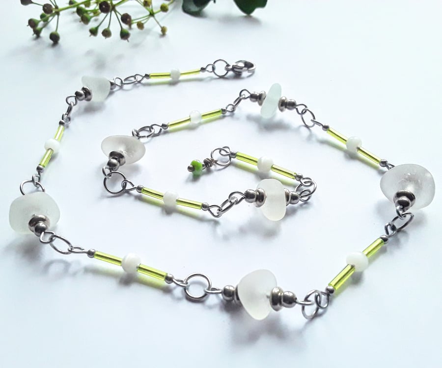 Seaglass Necklace: White & Lime