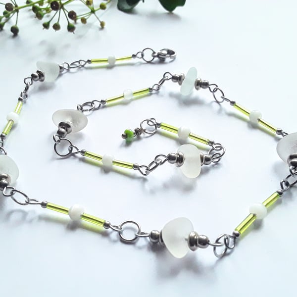 Seaglass Necklace: White & Lime