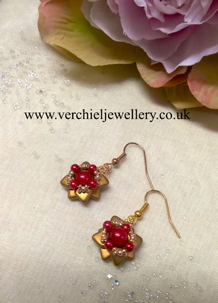 Gold & Red Flower Dangle Earrings 