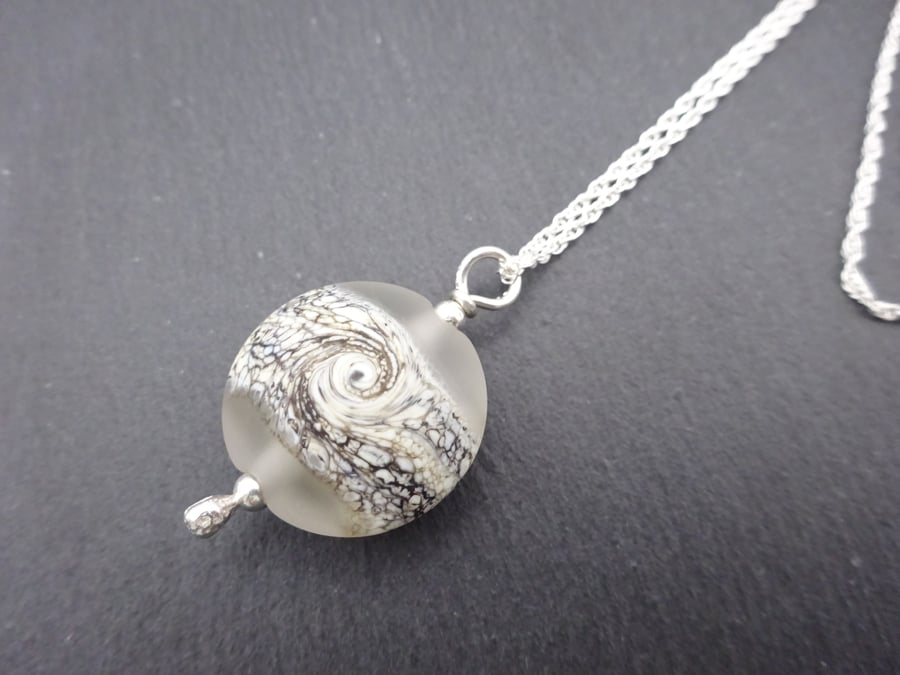 lampwork glass frosted sea pendant, sterling silver chain necklace
