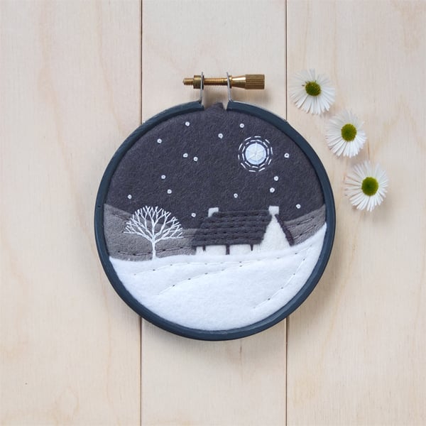 Monochrome Mini Landscape with Cottage Framed Hoop Art Embroidery (Style G)